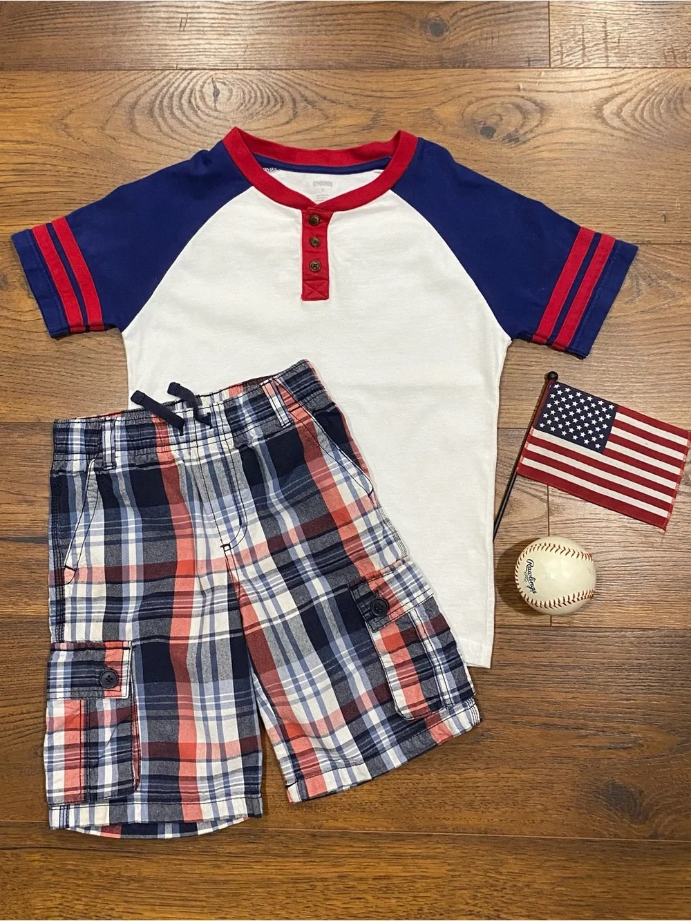 Gymboree Boys Patriotic Red White Blue Plaid Short Set Size 7